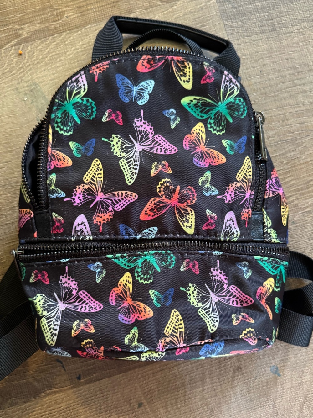 Black Mini Backpack with Rainbow Butterfly Print